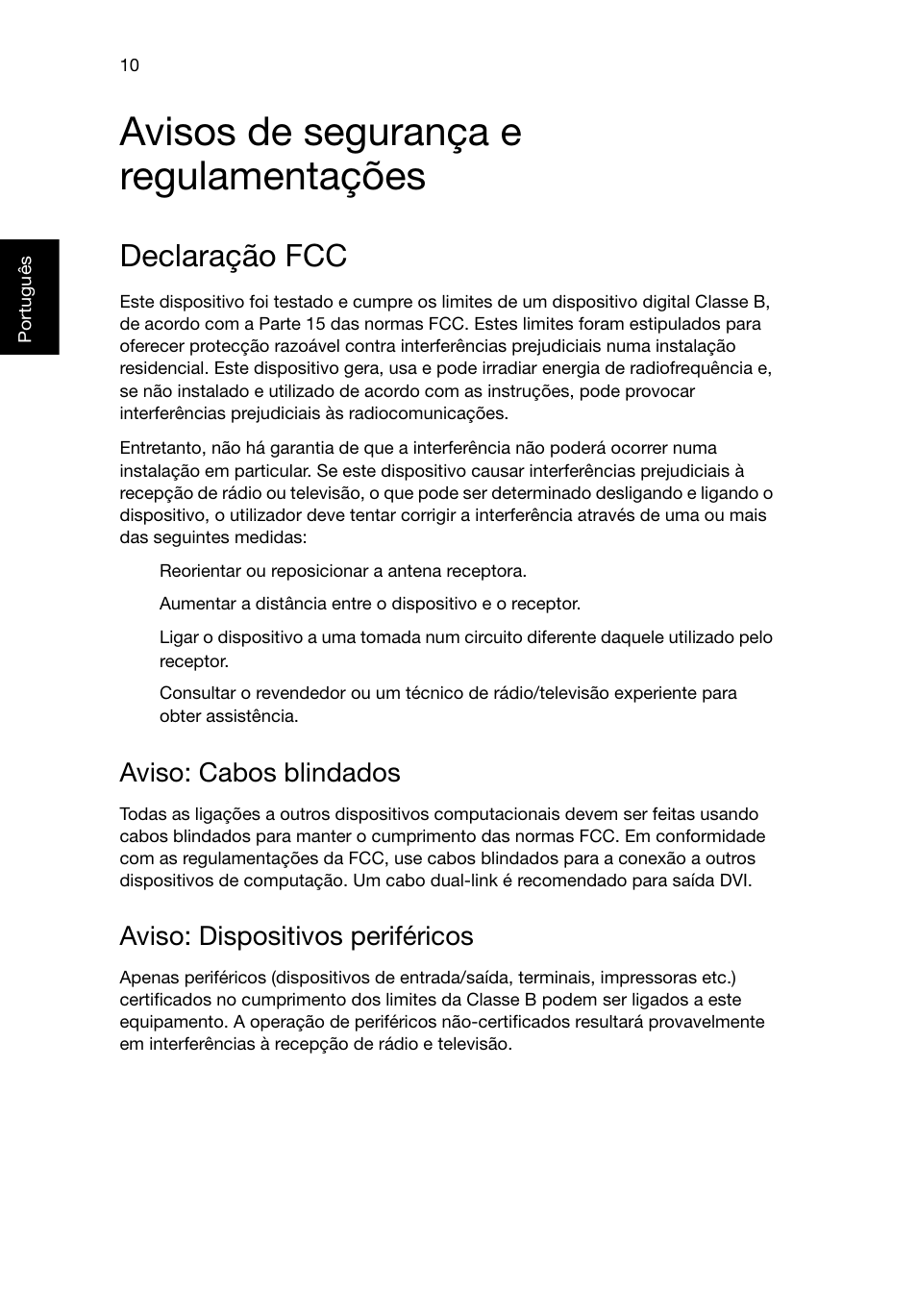 Avisos de segurança e regulamentações, Declaração fcc, Aviso: cabos blindados | Aviso: dispositivos periféricos | Acer RL80 User Manual | Page 240 / 764