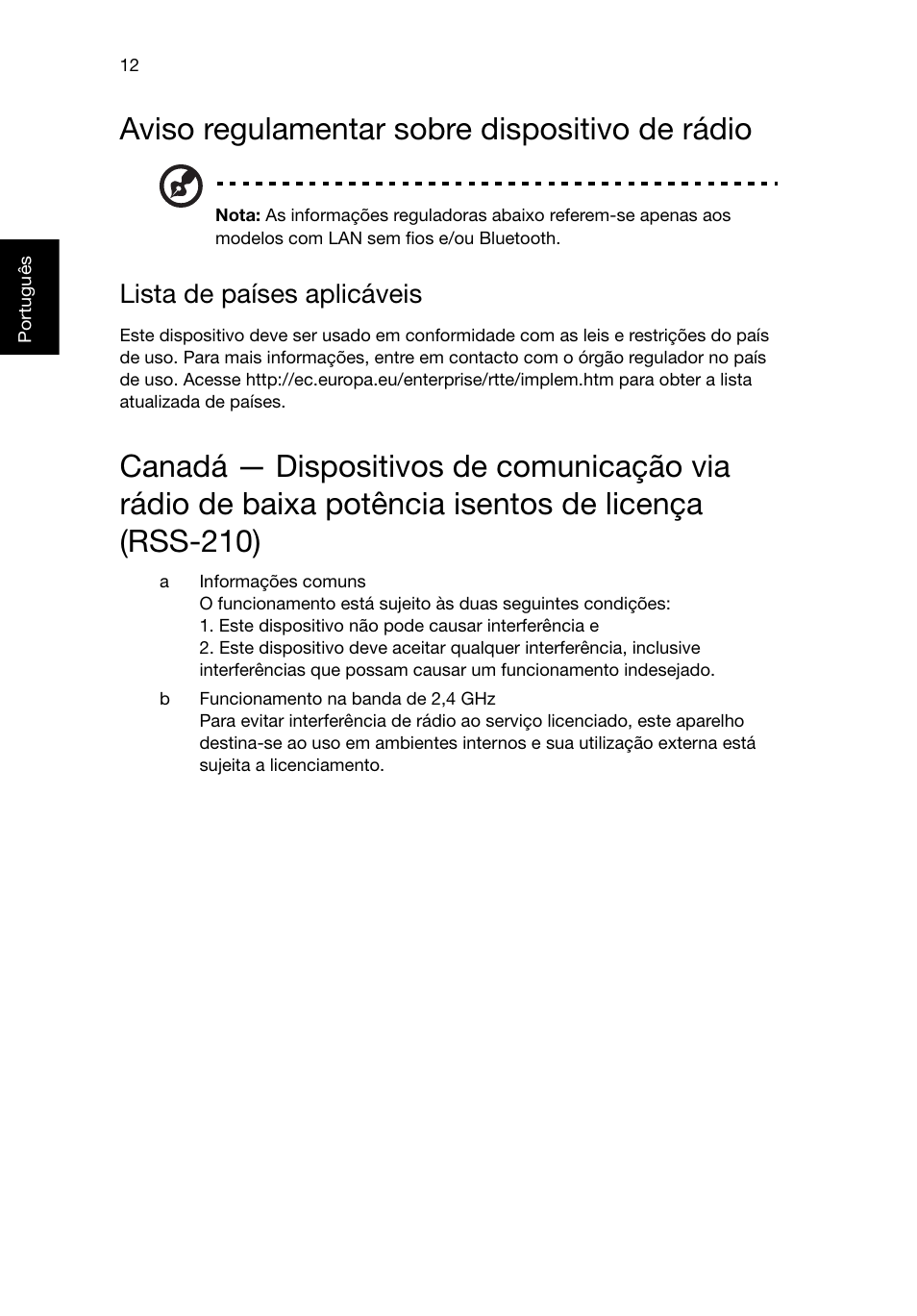 Aviso regulamentar sobre dispositivo de rádio, Lista de países aplicáveis | Acer RL80 User Manual | Page 242 / 764