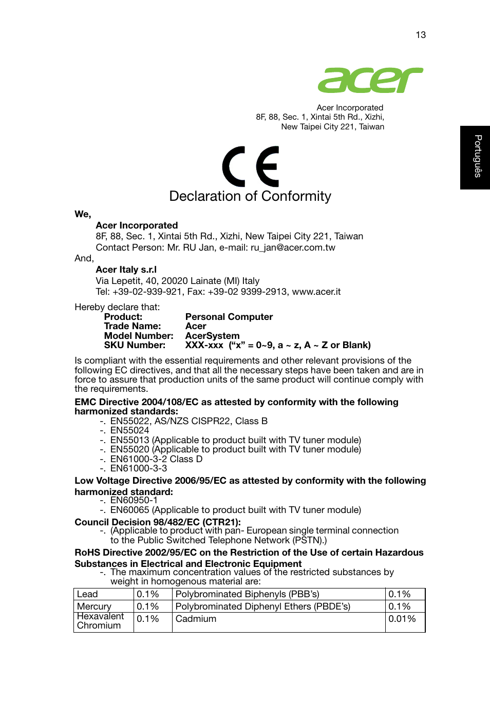 Declaration of conformity | Acer RL80 User Manual | Page 243 / 764