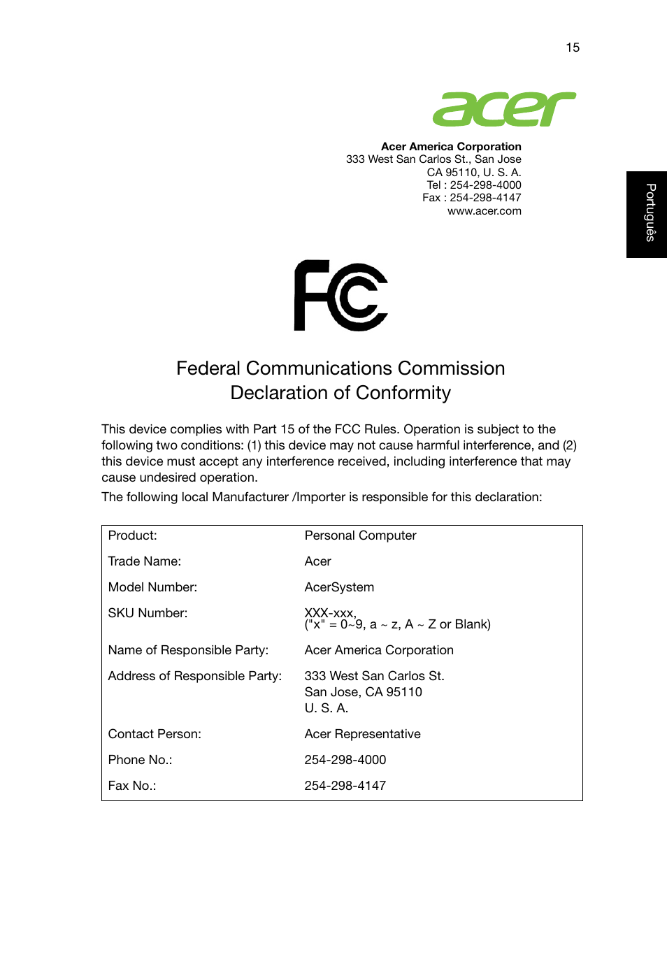 Federal communications commission | Acer RL80 User Manual | Page 245 / 764