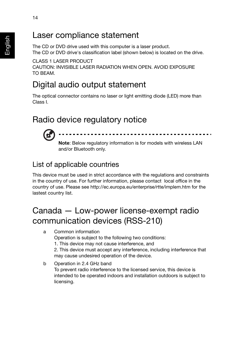 Laser compliance statement, Digital audio output statement, Radio device regulatory notice | List of applicable countries | Acer RL80 User Manual | Page 26 / 764