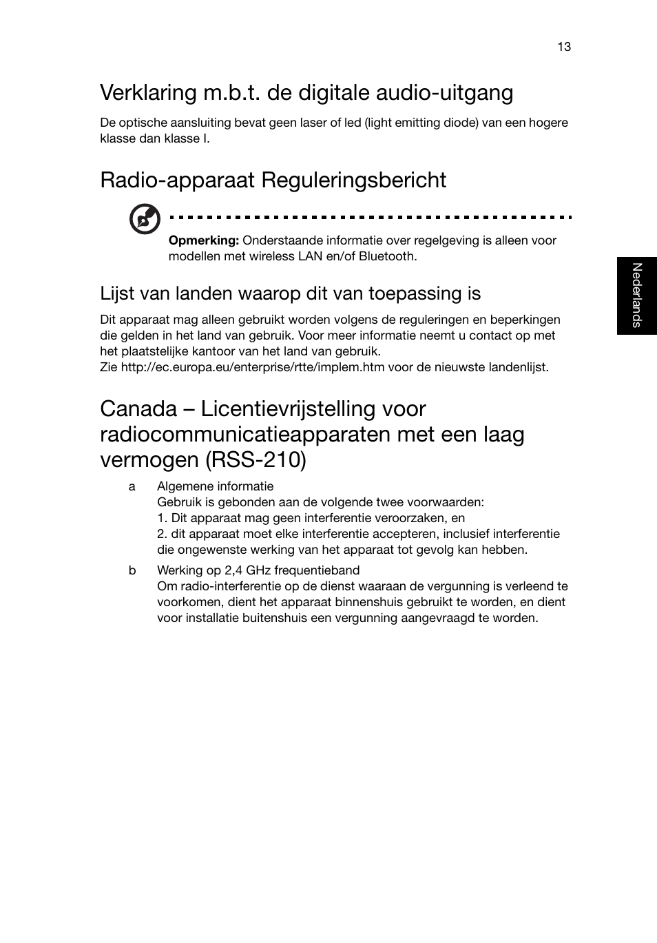 Verklaring m.b.t. de digitale audio-uitgang, Radio-apparaat reguleringsbericht, Lijst van landen waarop dit van toepassing is | Acer RL80 User Manual | Page 269 / 764
