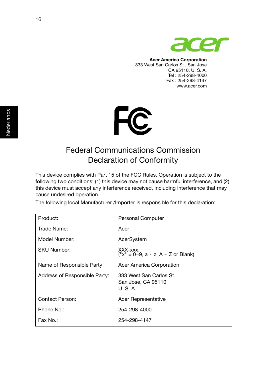 Federal communications commission | Acer RL80 User Manual | Page 272 / 764