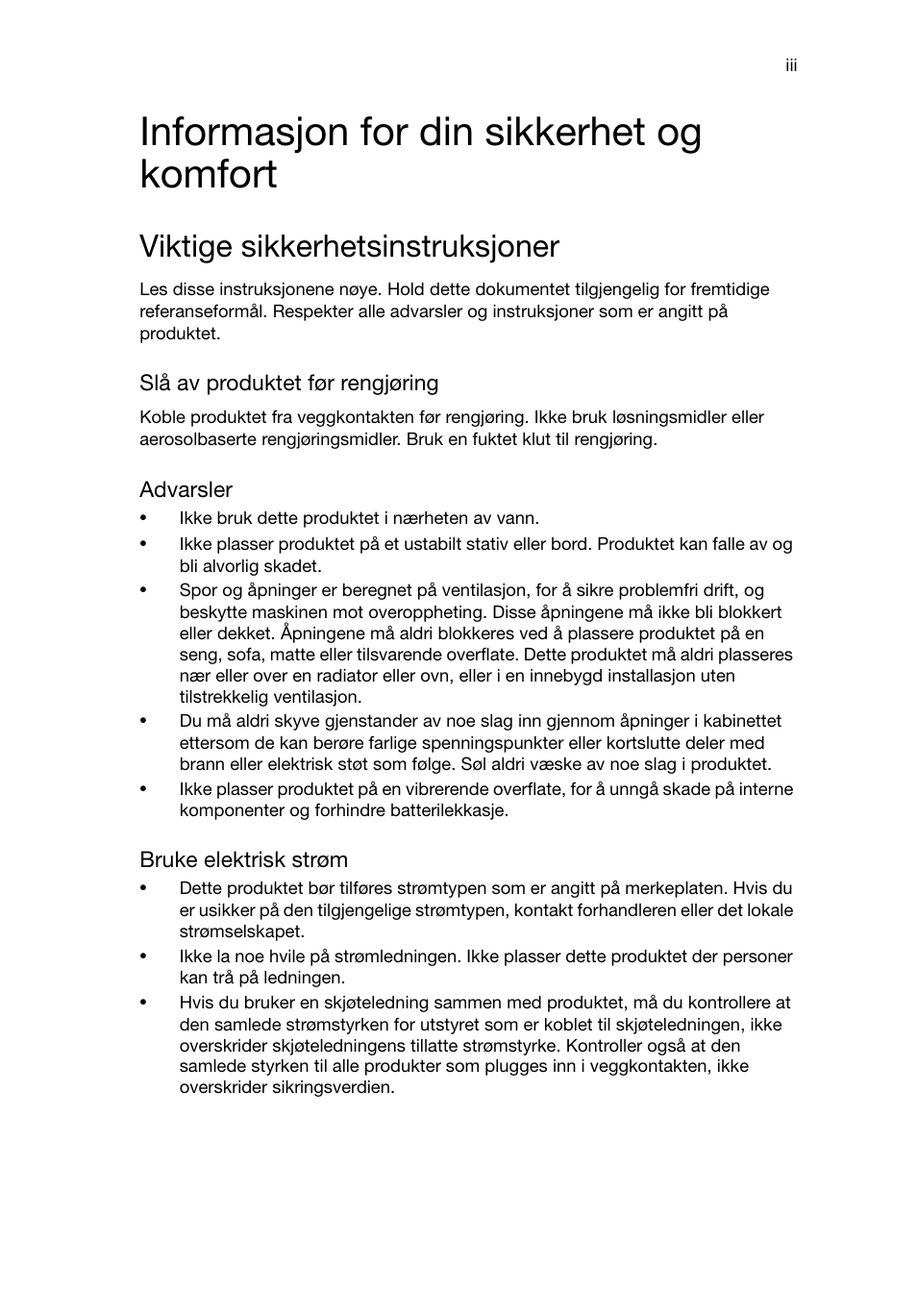 Informasjon for din sikkerhet og komfort, Viktige sikkerhetsinstruksjoner | Acer RL80 User Manual | Page 277 / 764