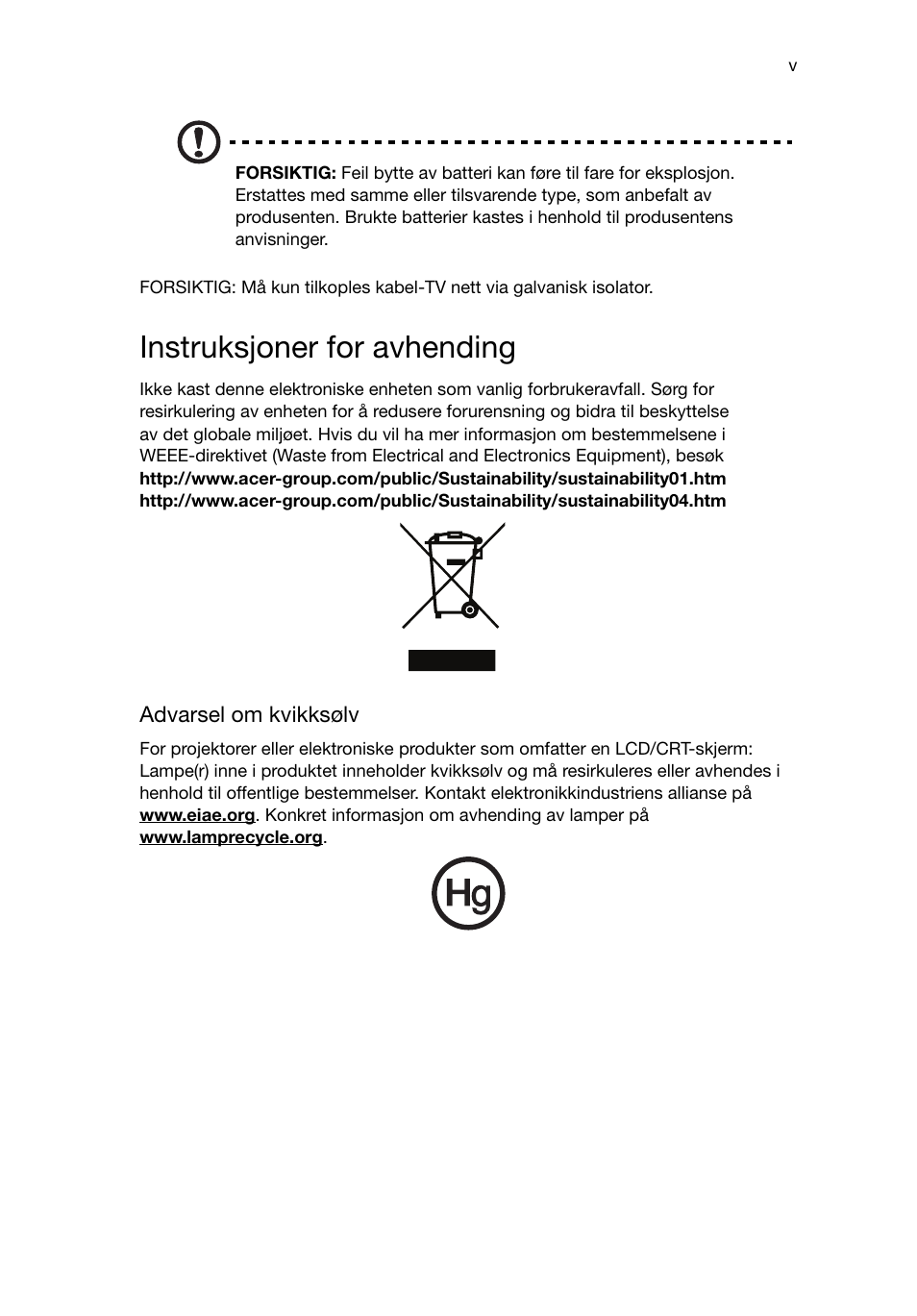 Instruksjoner for avhending | Acer RL80 User Manual | Page 279 / 764