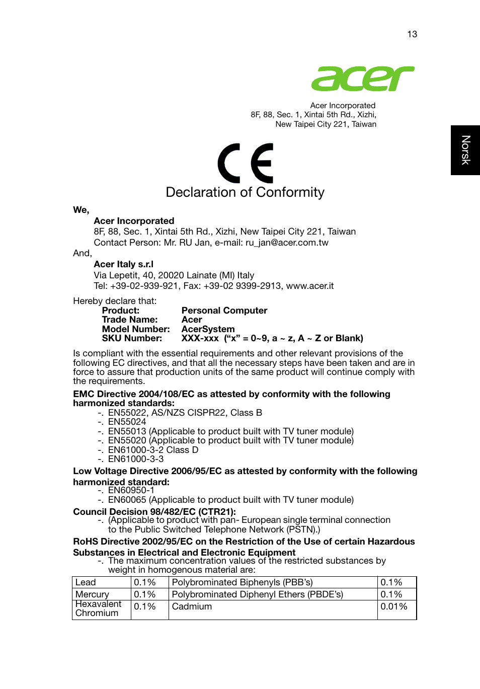 Declaration of conformity, Norsk | Acer RL80 User Manual | Page 297 / 764