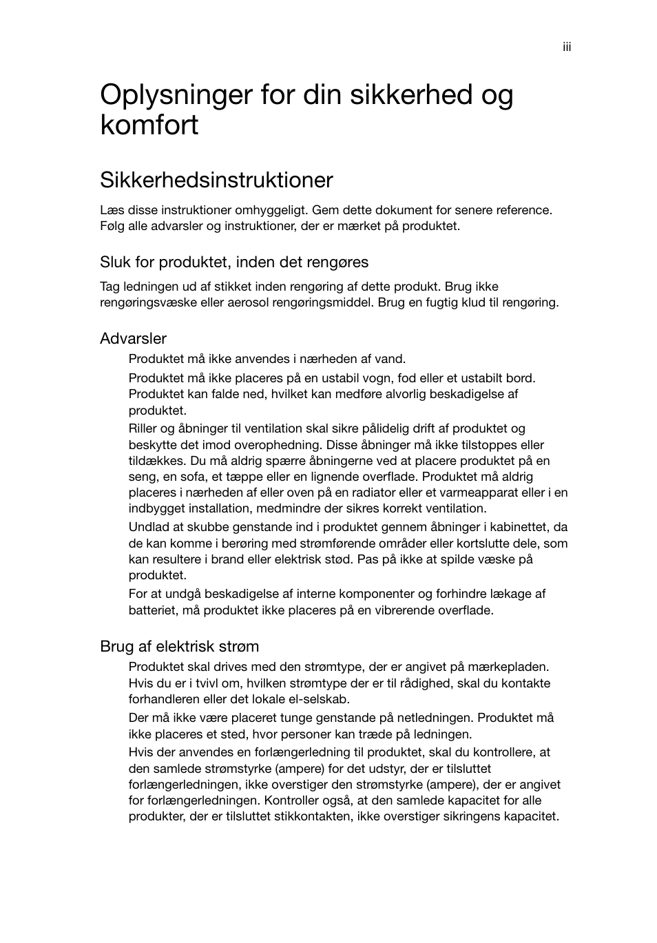 Oplysninger for din sikkerhed og komfort, Sikkerhedsinstruktioner | Acer RL80 User Manual | Page 303 / 764