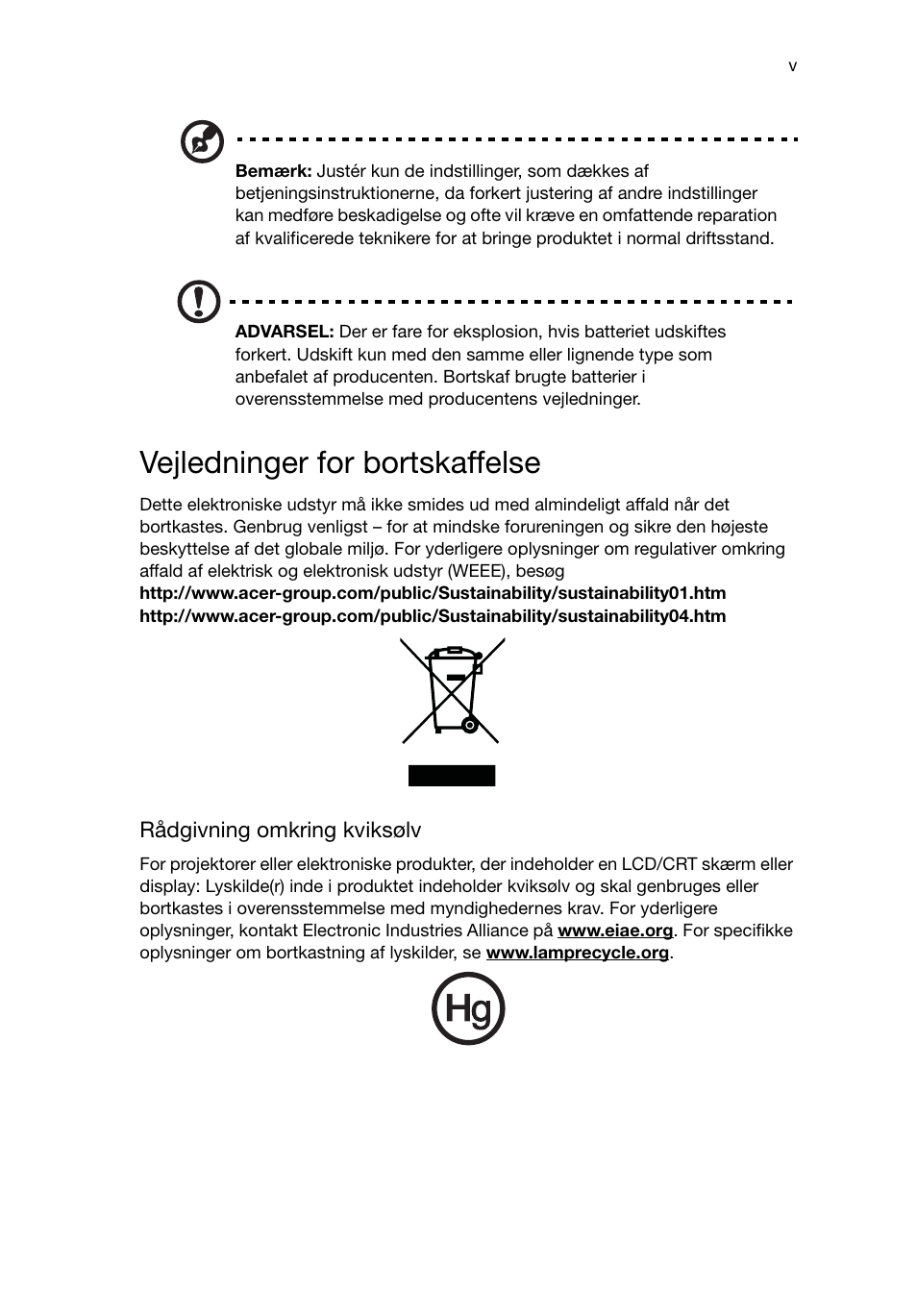 Vejledninger for bortskaffelse | Acer RL80 User Manual | Page 305 / 764