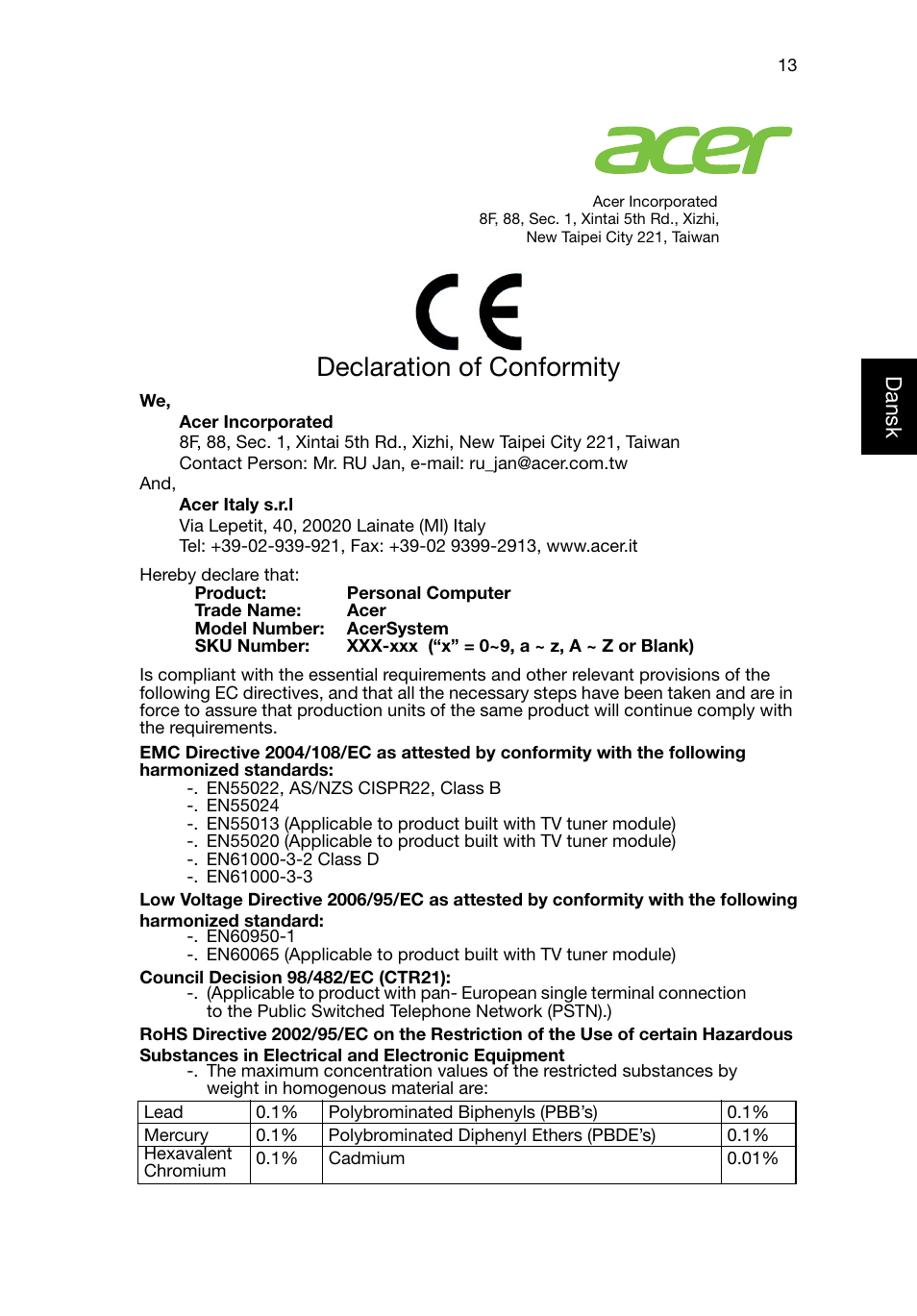 Declaration of conformity, Danskdansk | Acer RL80 User Manual | Page 323 / 764