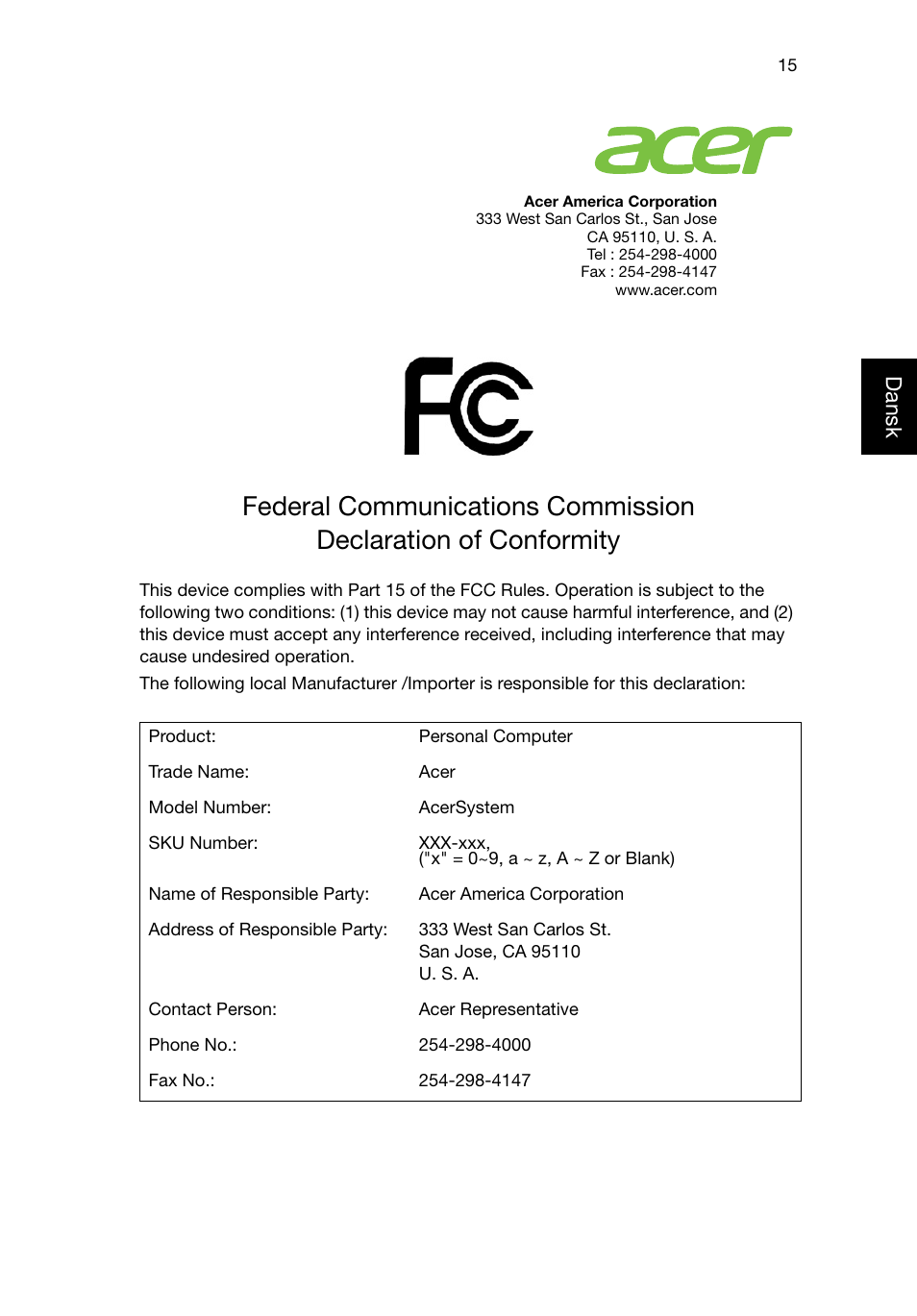 Federal communications commission, Danskdansk | Acer RL80 User Manual | Page 325 / 764