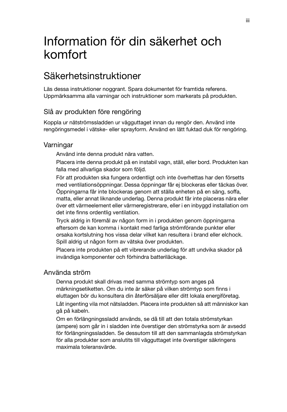 Information för din säkerhet och komfort, Säkerhetsinstruktioner | Acer RL80 User Manual | Page 329 / 764