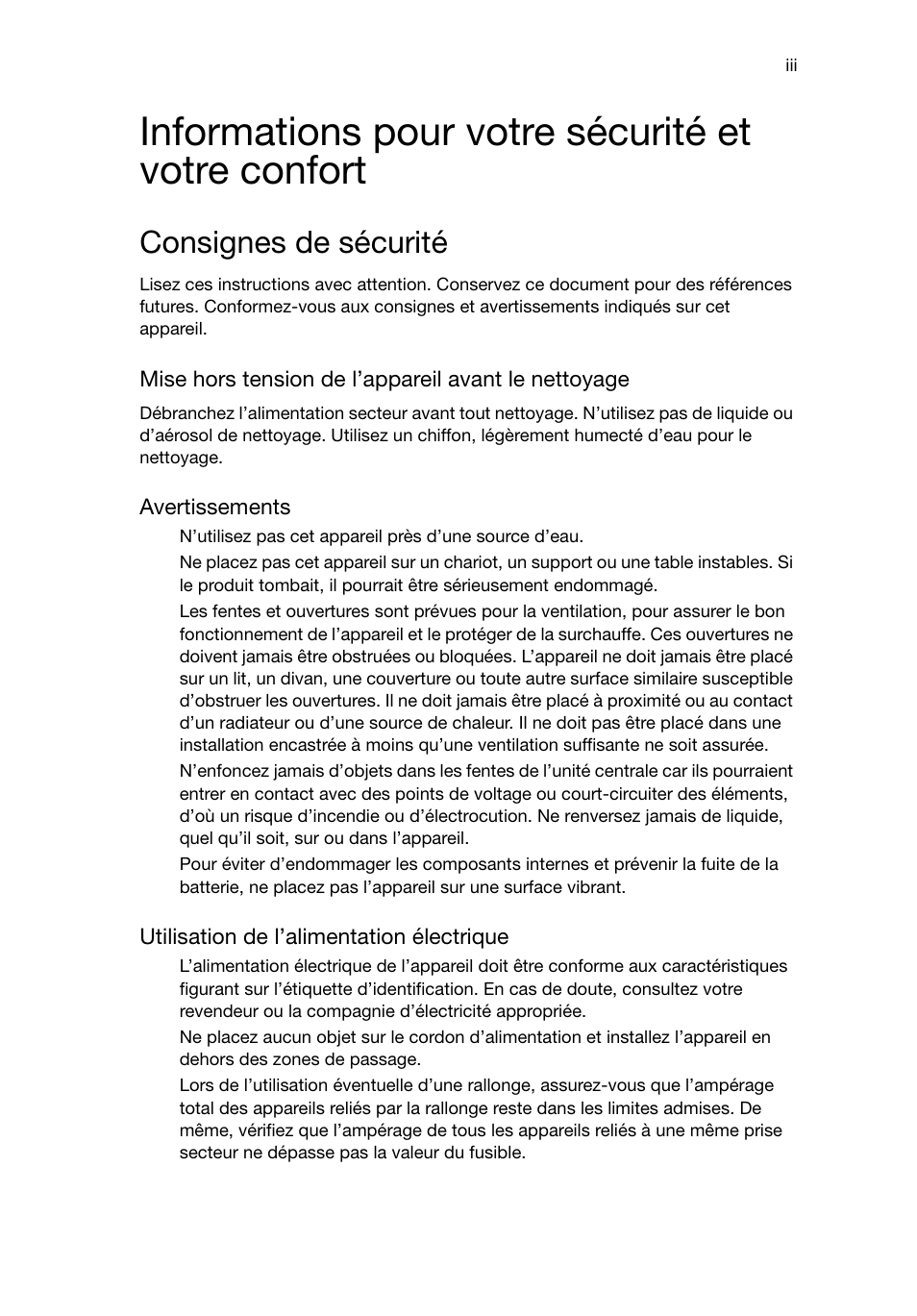 Informations pour votre sécurité et votre confort, Consignes de sécurité | Acer RL80 User Manual | Page 33 / 764