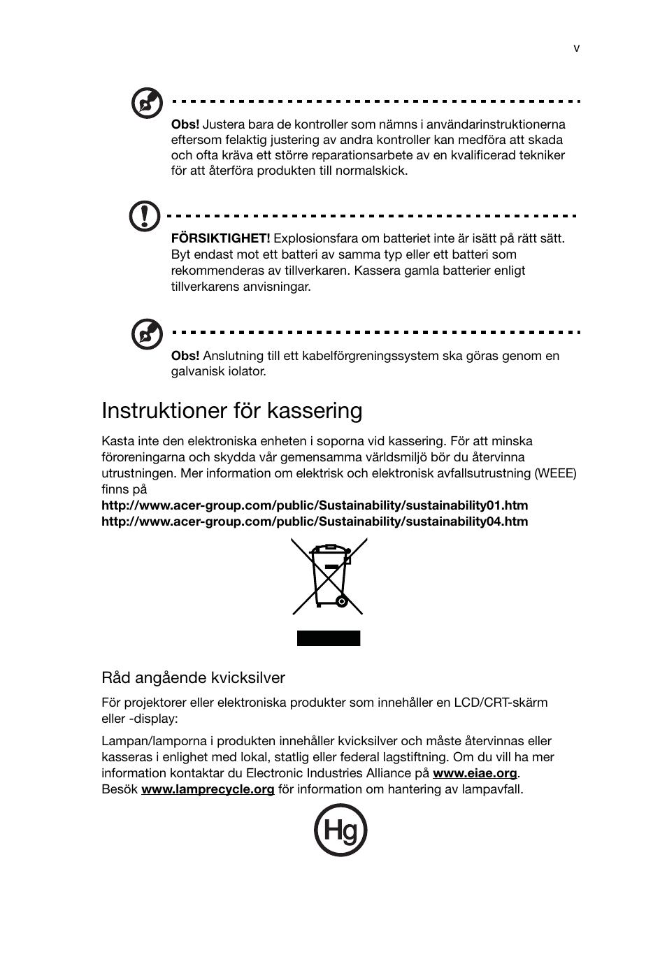 Instruktioner för kassering | Acer RL80 User Manual | Page 331 / 764