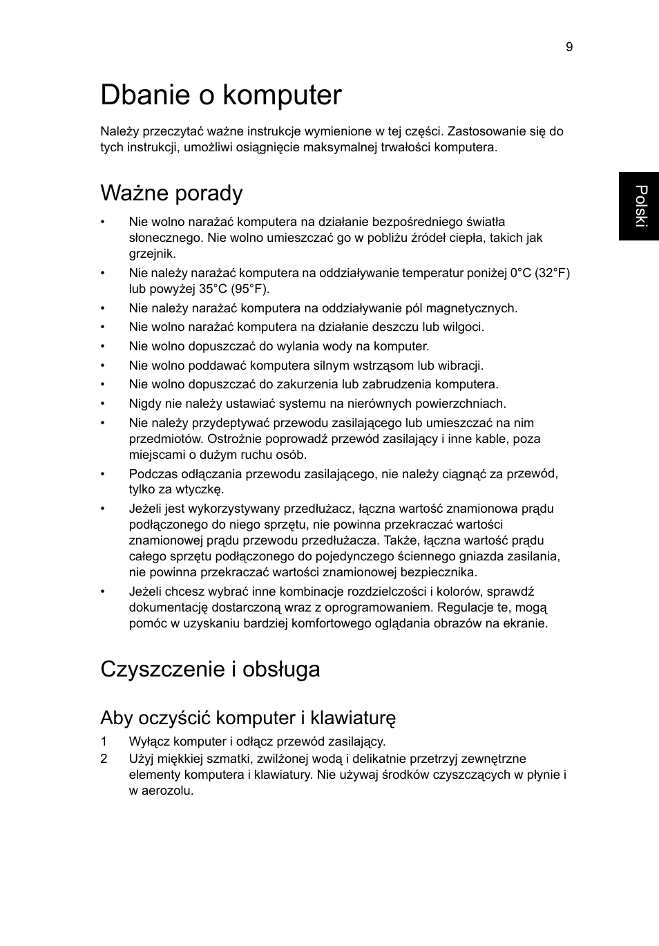 Dbanie o komputer, Ważne porady, Czyszczenie i obsługa | Aby oczyścić komputer i klawiaturę | Acer RL80 User Manual | Page 427 / 764