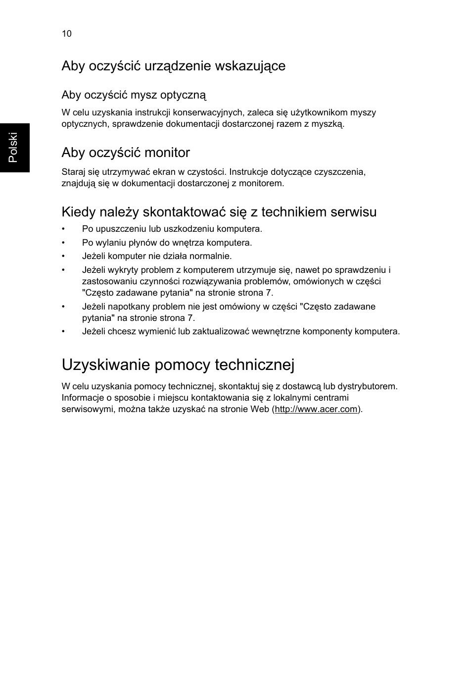 Uzyskiwanie pomocy technicznej, Aby oczyścić urządzenie wskazujące, Aby oczyścić monitor | Kiedy należy skontaktować się z technikiem serwisu | Acer RL80 User Manual | Page 428 / 764