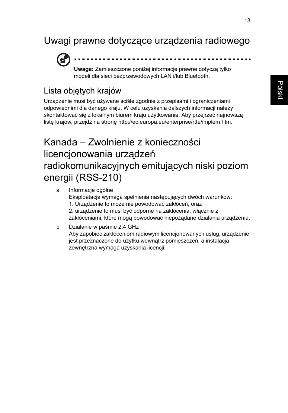 Uwagi prawne dotyczące urządzenia radiowego, Lista objętych krajów | Acer RL80 User Manual | Page 431 / 764