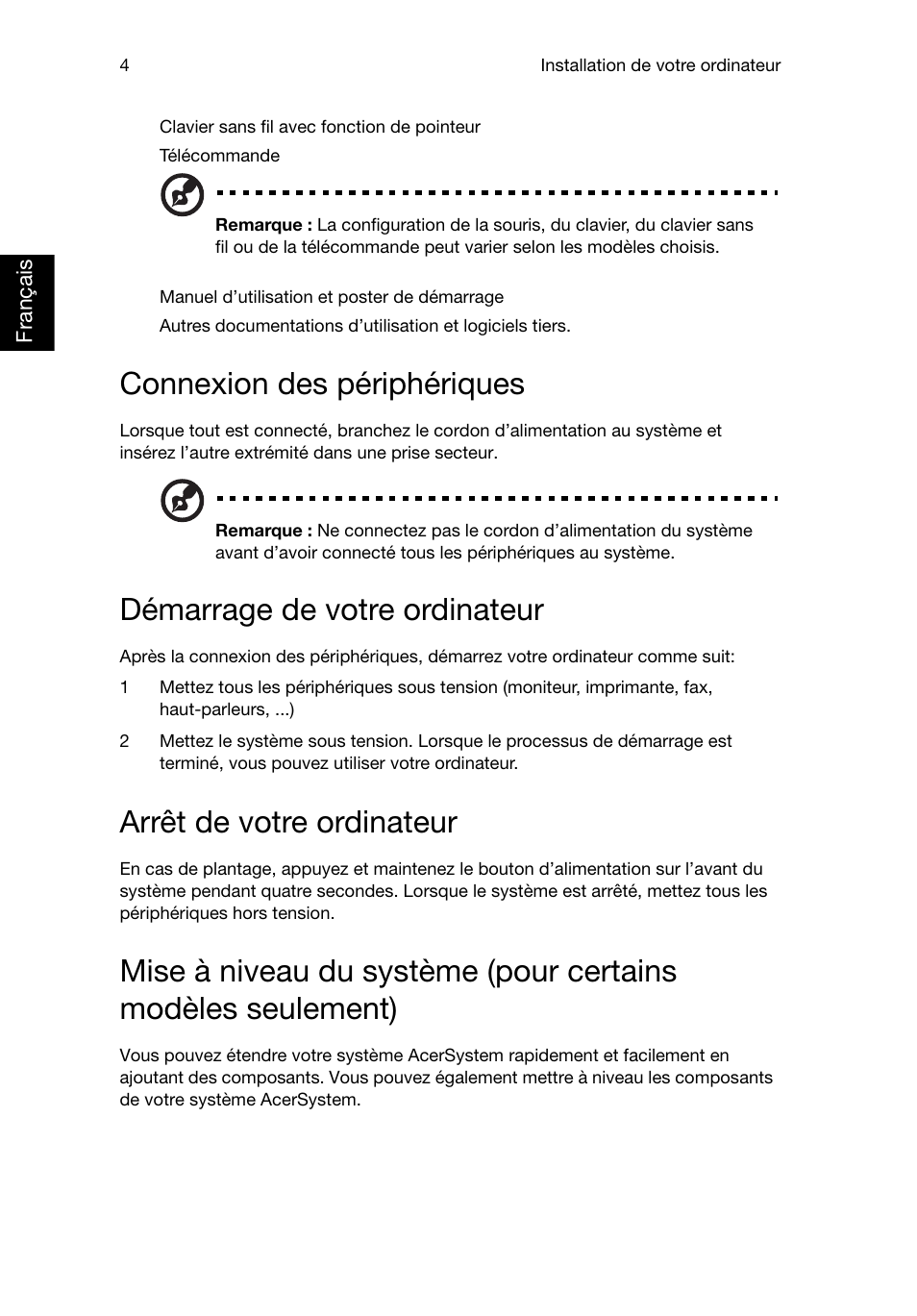 Connexion des périphériques, Démarrage de votre ordinateur, Arrêt de votre ordinateur | Acer RL80 User Manual | Page 44 / 764