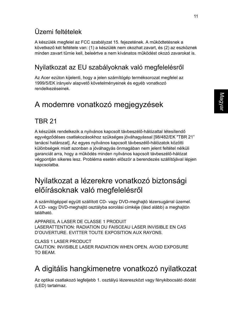 A modemre vonatkozó megjegyzések, A digitális hangkimenetre vonatkozó nyilatkozat, Üzemi feltételek | Nyilatkozat az eu szabályoknak való megfelelésről, Tbr 21 | Acer RL80 User Manual | Page 457 / 764