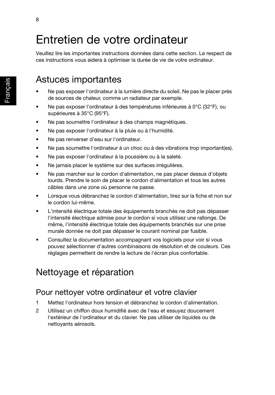 Entretien de votre ordinateur, Astuces importantes, Nettoyage et réparation | Pour nettoyer votre ordinateur et votre clavier | Acer RL80 User Manual | Page 48 / 764