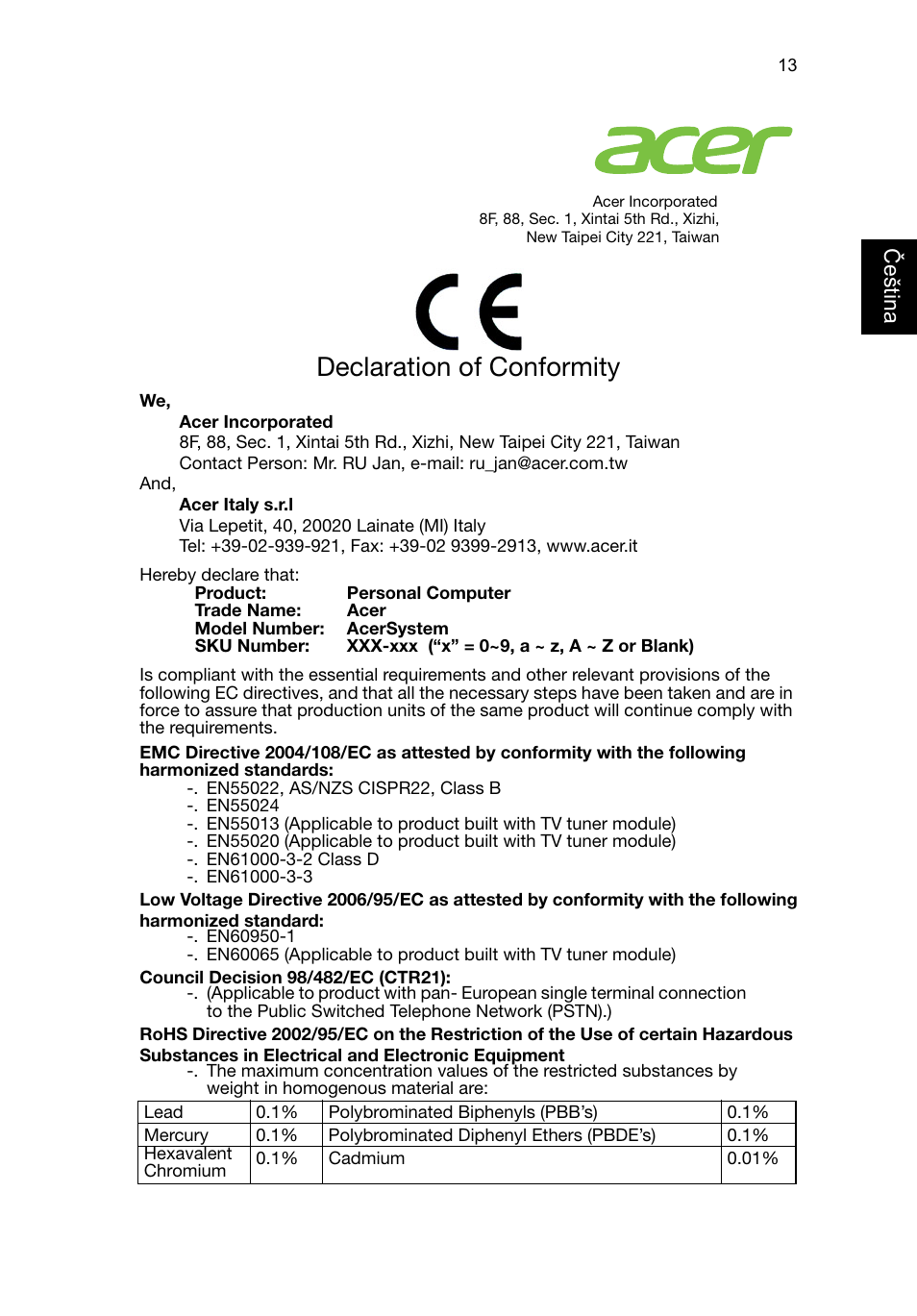 Declaration of conformity, Češt ina | Acer RL80 User Manual | Page 485 / 764