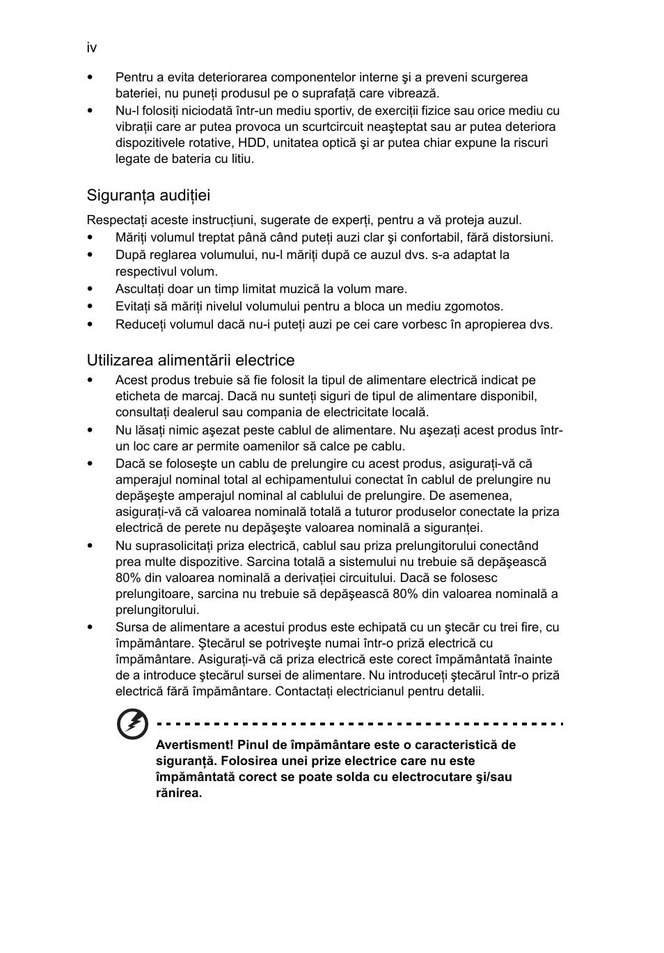 Siguranţa audiţiei, Utilizarea alimentării electrice | Acer RL80 User Manual | Page 492 / 764