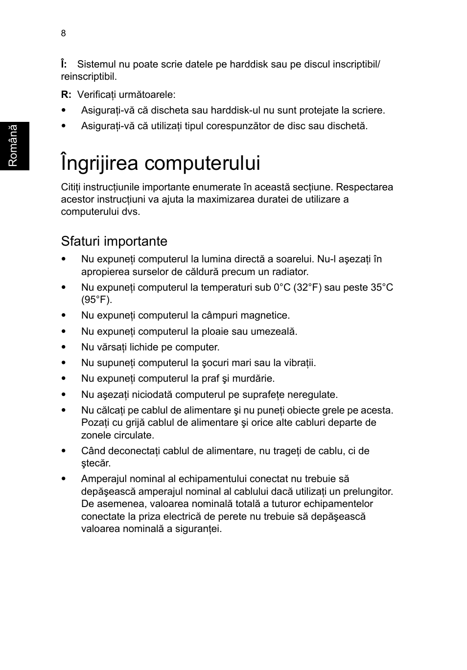 Îngrijirea computerului, Sfaturi importante | Acer RL80 User Manual | Page 506 / 764