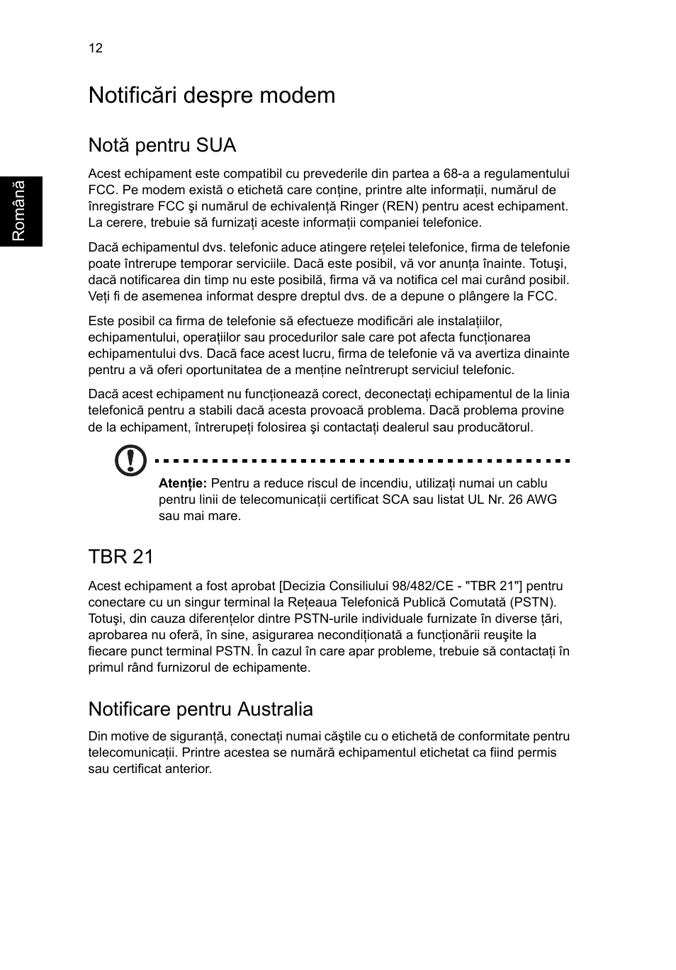 Notificări despre modem, Notă pentru sua, Tbr 21 | Notificare pentru australia | Acer RL80 User Manual | Page 510 / 764