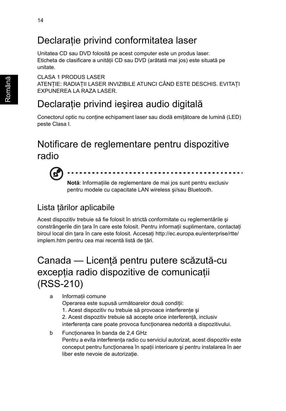 Declaraţie privind conformitatea laser, Declaraţie privind ieşirea audio digitală, Lista ţărilor aplicabile | Acer RL80 User Manual | Page 512 / 764