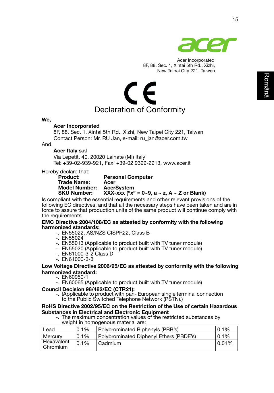Declaration of conformity, Român ă | Acer RL80 User Manual | Page 513 / 764