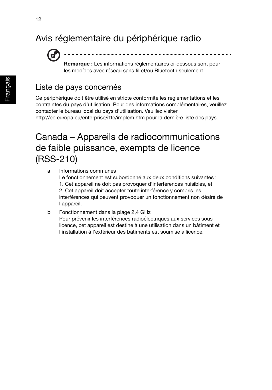 Avis réglementaire du périphérique radio, Liste de pays concernés | Acer RL80 User Manual | Page 52 / 764