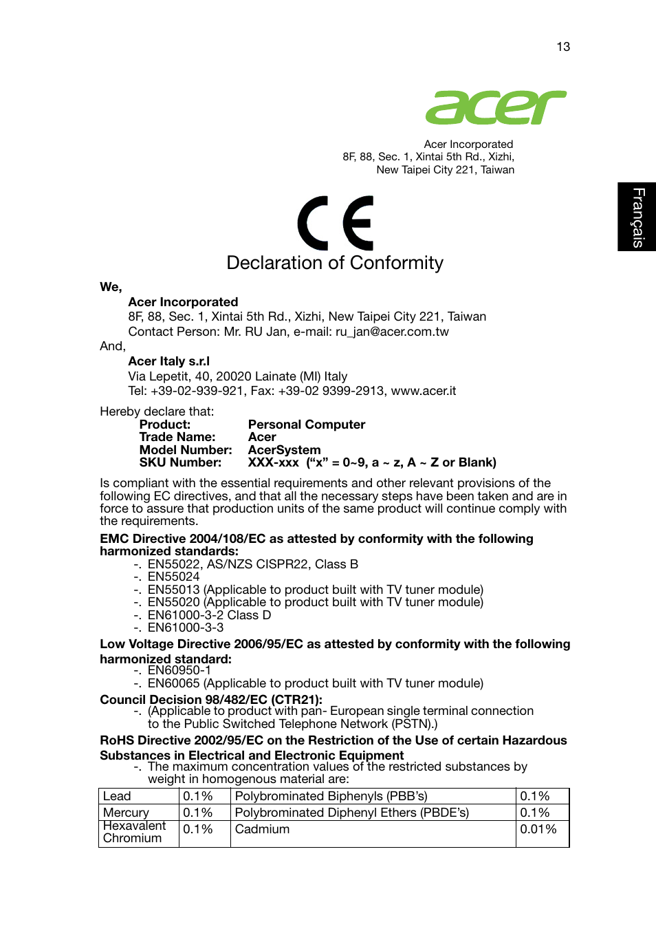 Declaration of conformity, França is | Acer RL80 User Manual | Page 53 / 764