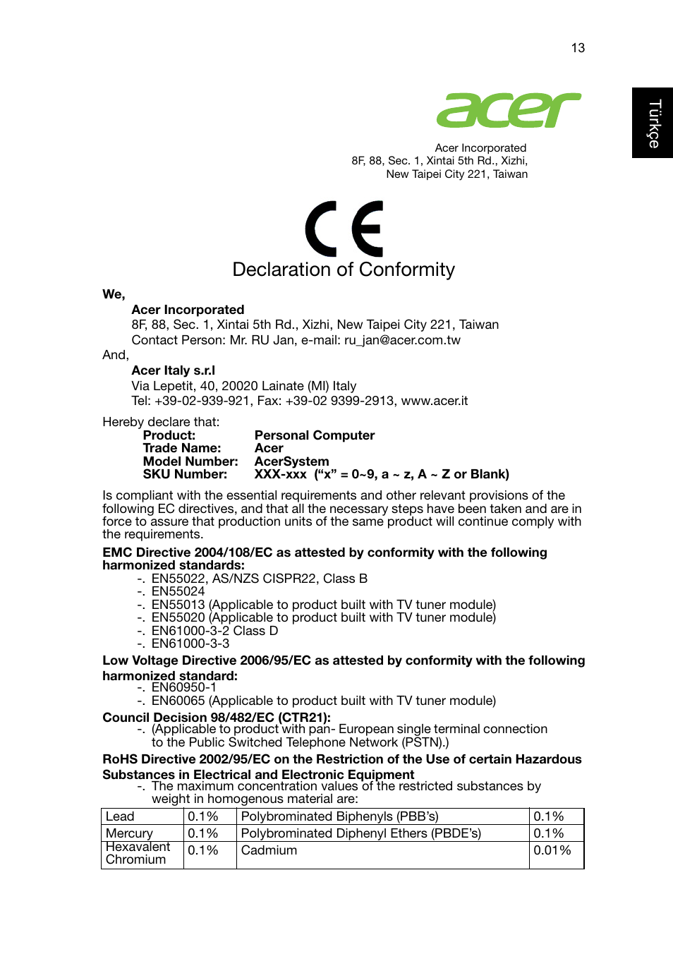 Declaration of conformity, Türkçe | Acer RL80 User Manual | Page 569 / 764