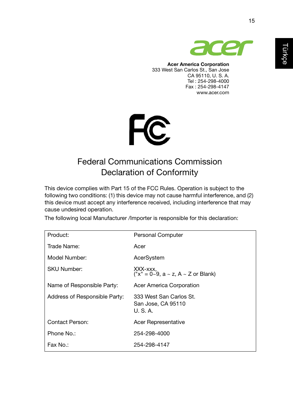 Federal communications commission, Türkçe | Acer RL80 User Manual | Page 571 / 764