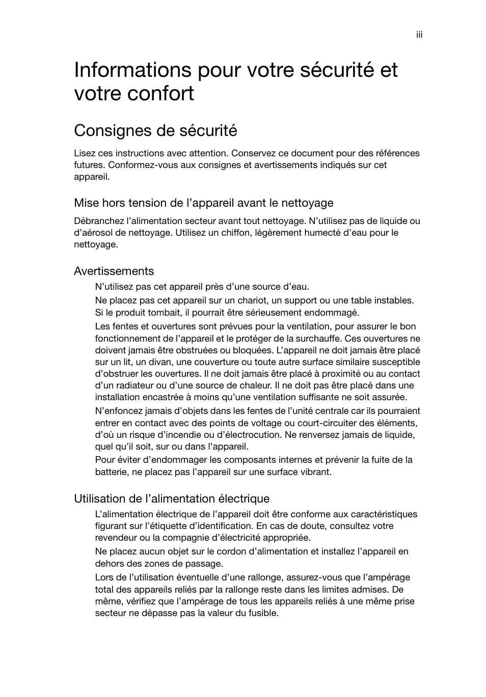 Informations pour votre sécurité et votre confort, Consignes de sécurité | Acer RL80 User Manual | Page 59 / 764