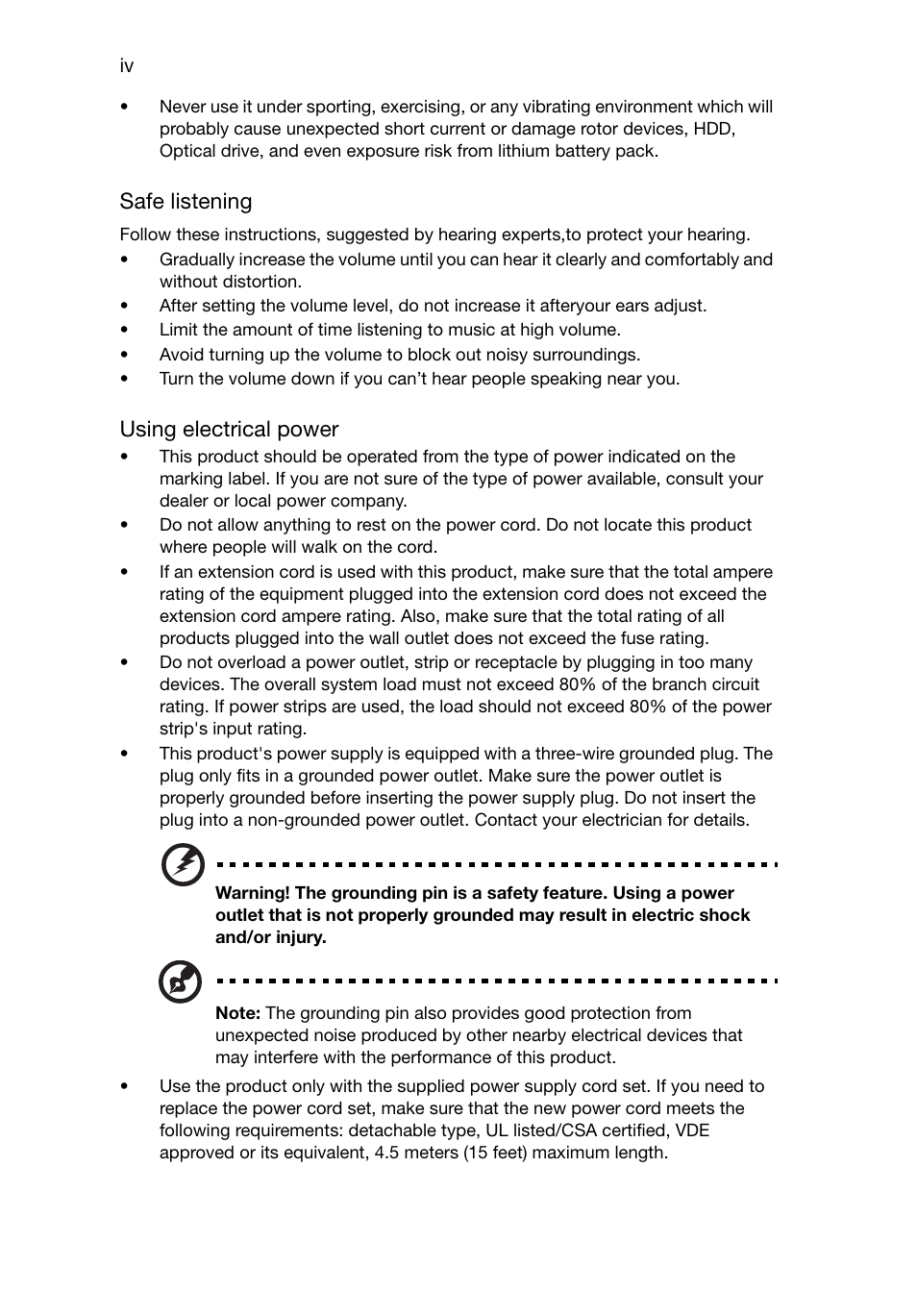 Safe listening, Using electrical power | Acer RL80 User Manual | Page 6 / 764