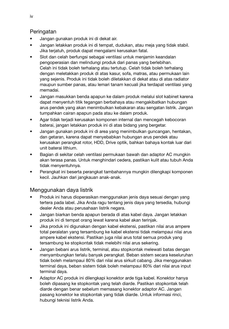 Peringatan, Menggunakan daya listrik | Acer RL80 User Manual | Page 682 / 764