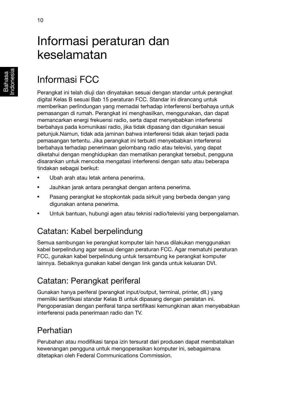 Informasi peraturan dan keselamatan, Informasi fcc, Informasi peraturan dan keselamatan 10 | Catatan: kabel berpelindung, Catatan: perangkat periferal, Perhatian | Acer RL80 User Manual | Page 698 / 764