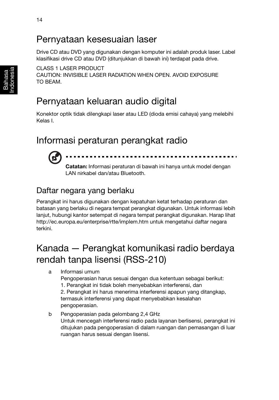 Pernyataan kesesuaian laser, Pernyataan keluaran audio digital, Informasi peraturan perangkat radio | Daftar negara yang berlaku | Acer RL80 User Manual | Page 702 / 764