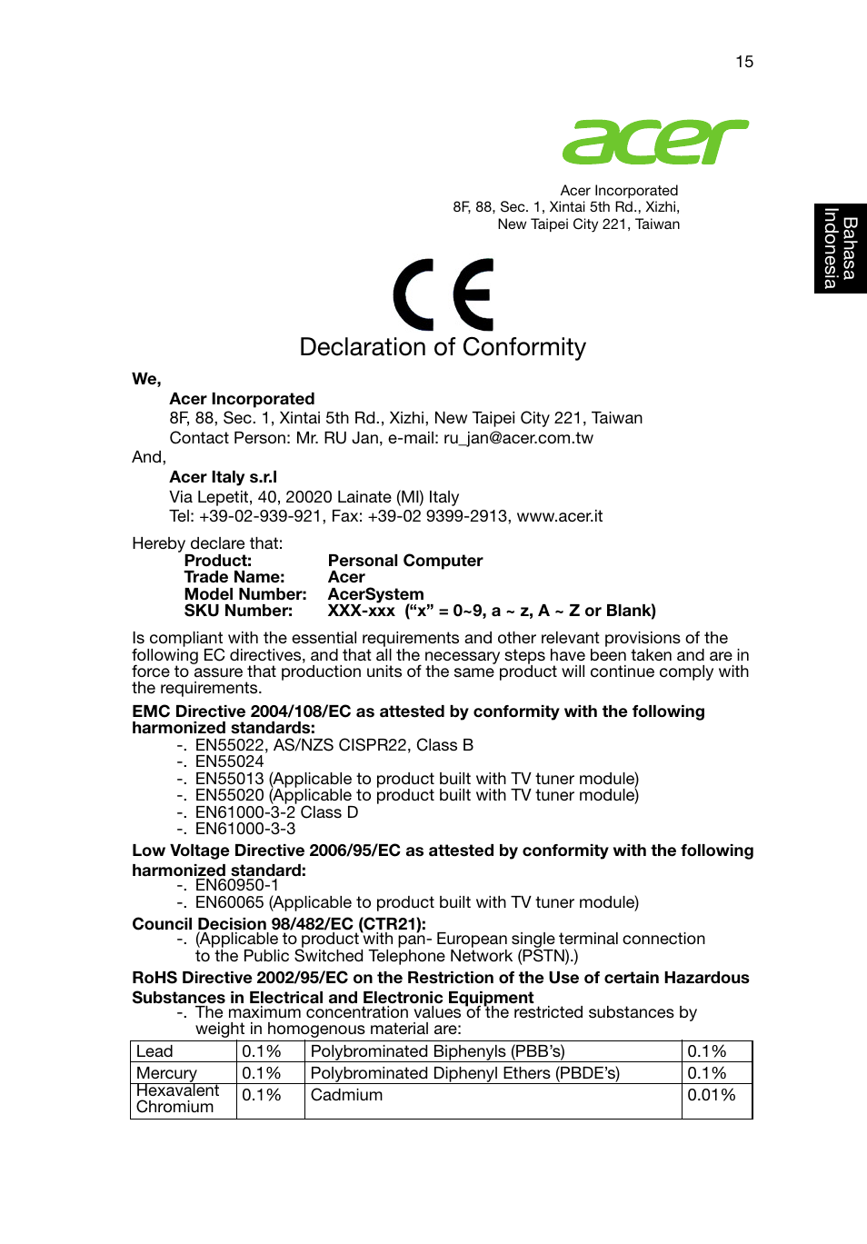 Declaration of conformity | Acer RL80 User Manual | Page 703 / 764