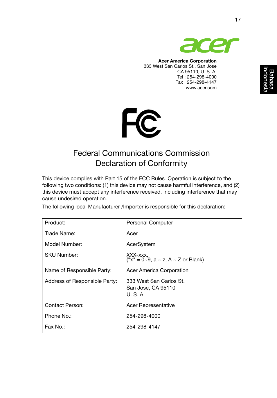 Federal communications commission | Acer RL80 User Manual | Page 705 / 764