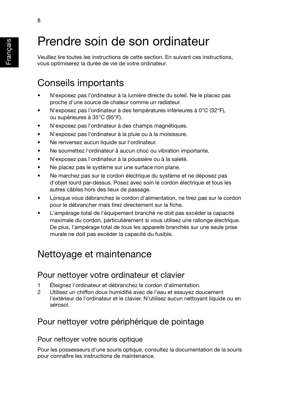 Prendre soin de son ordinateur, Conseils importants, Nettoyage et maintenance | Pour nettoyer votre ordinateur et clavier, Pour nettoyer votre périphérique de pointage | Acer RL80 User Manual | Page 74 / 764