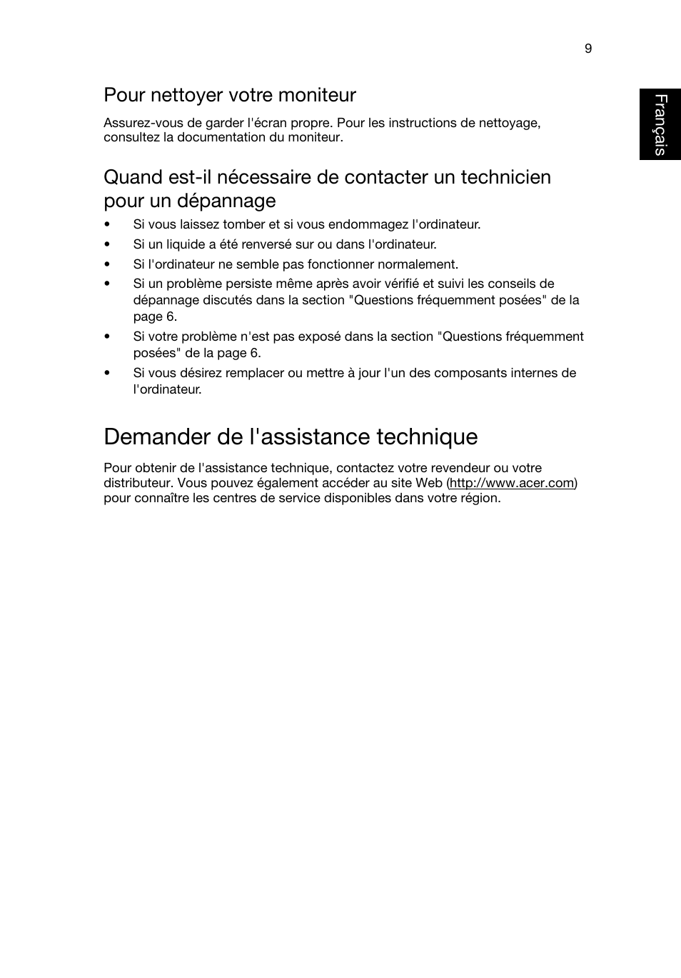 Demander de l'assistance technique, Pour nettoyer votre moniteur, Français | Acer RL80 User Manual | Page 75 / 764