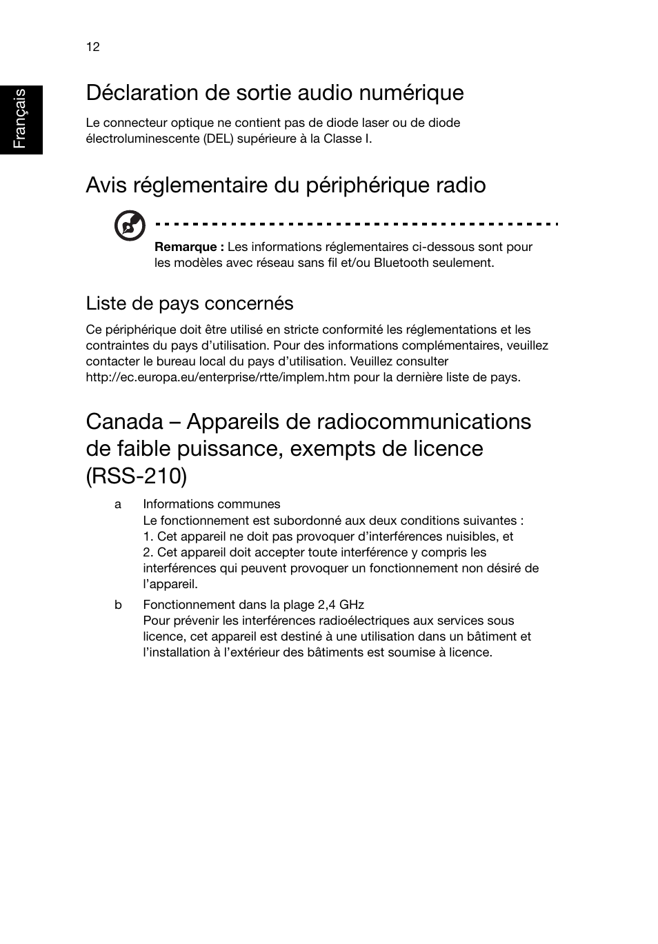 Déclaration de sortie audio numérique, Avis réglementaire du périphérique radio, Liste de pays concernés | Acer RL80 User Manual | Page 78 / 764