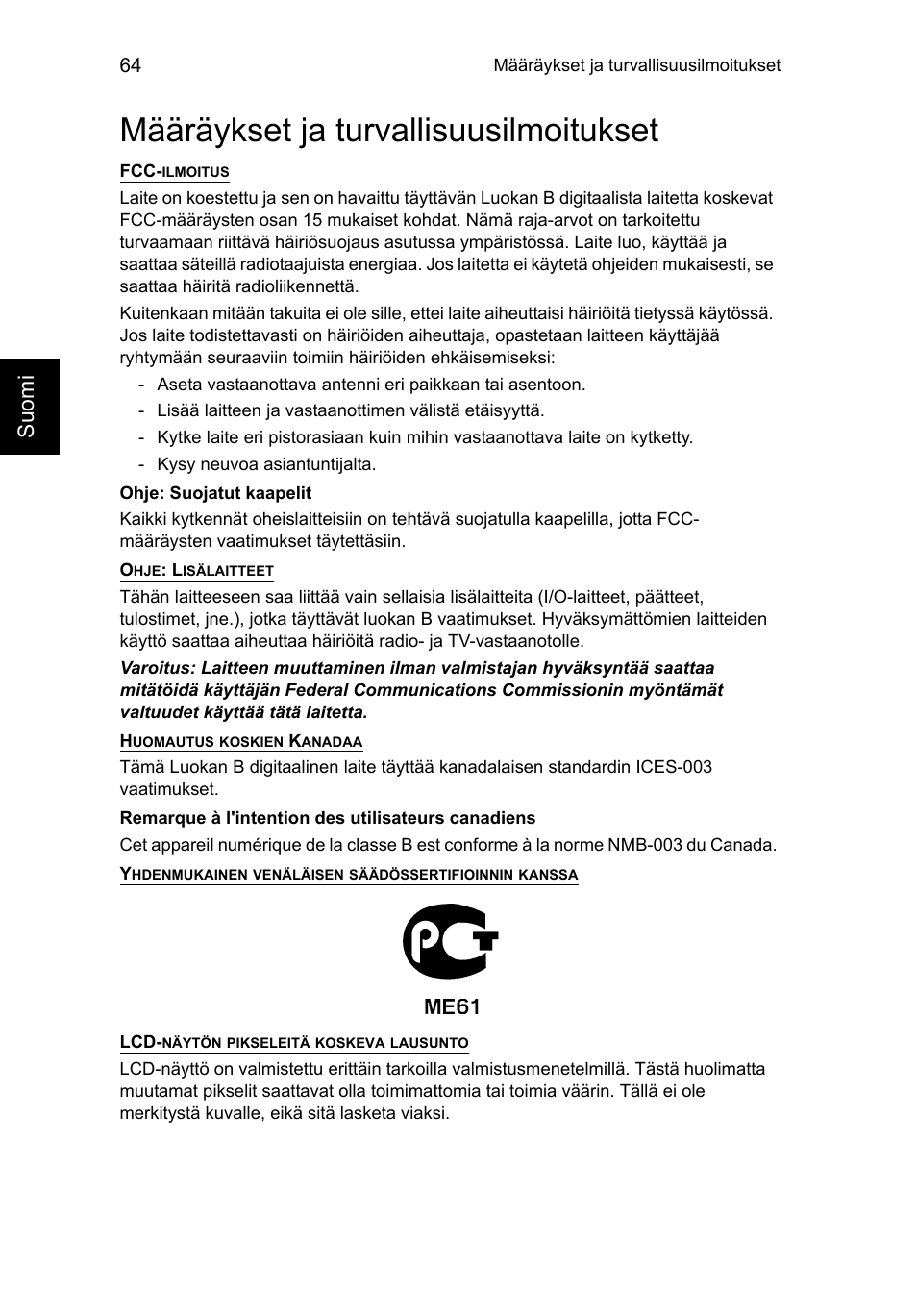 Määräykset ja turvallisuusilmoitukset, Su omi | Acer TravelMate P253-MG User Manual | Page 1004 / 2736