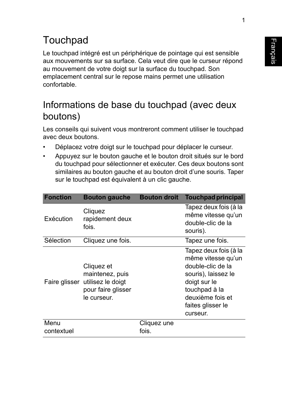 Touchpad, Touchpad 1, Français | Acer TravelMate P253-MG User Manual | Page 109 / 2736