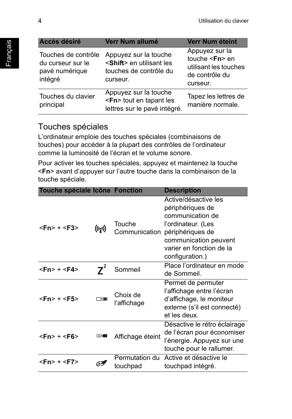 Touches spéciales | Acer TravelMate P253-MG User Manual | Page 112 / 2736