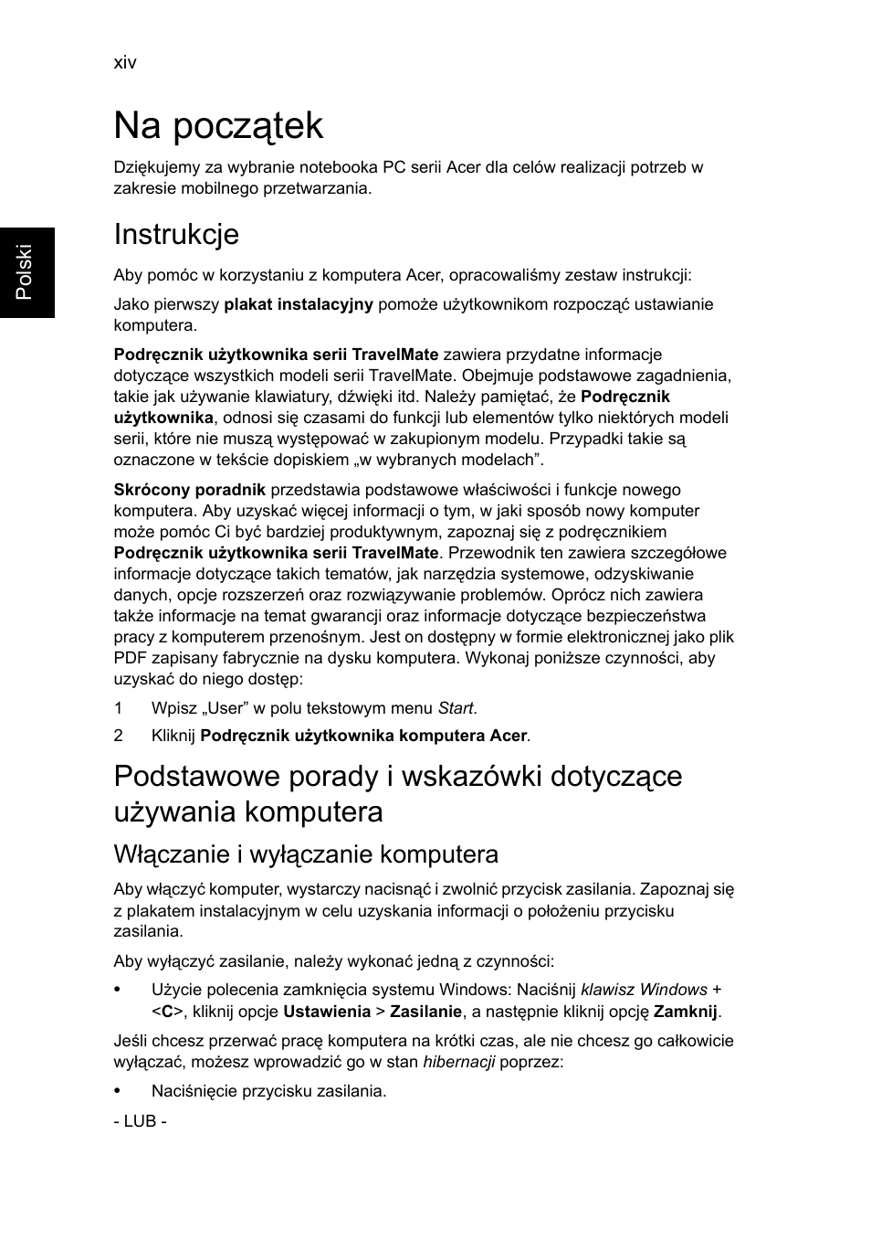 Na początek, Instrukcje, Włączanie i wyłączanie komputera | Acer TravelMate P253-MG User Manual | Page 1124 / 2736