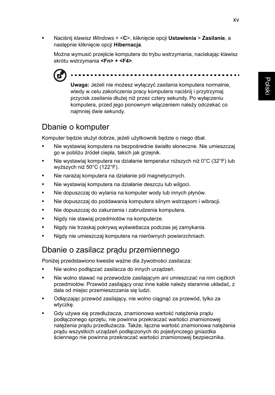 Dbanie o komputer, Dbanie o zasilacz prądu przemiennego | Acer TravelMate P253-MG User Manual | Page 1125 / 2736