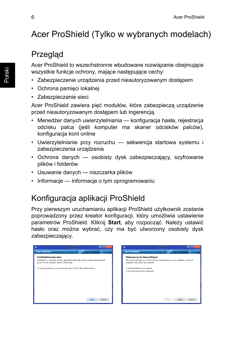 Acer proshield, Przegląd, Konfiguracja aplikacji proshield | Acer proshield (tylko w wybranych modelach) | Acer TravelMate P253-MG User Manual | Page 1136 / 2736