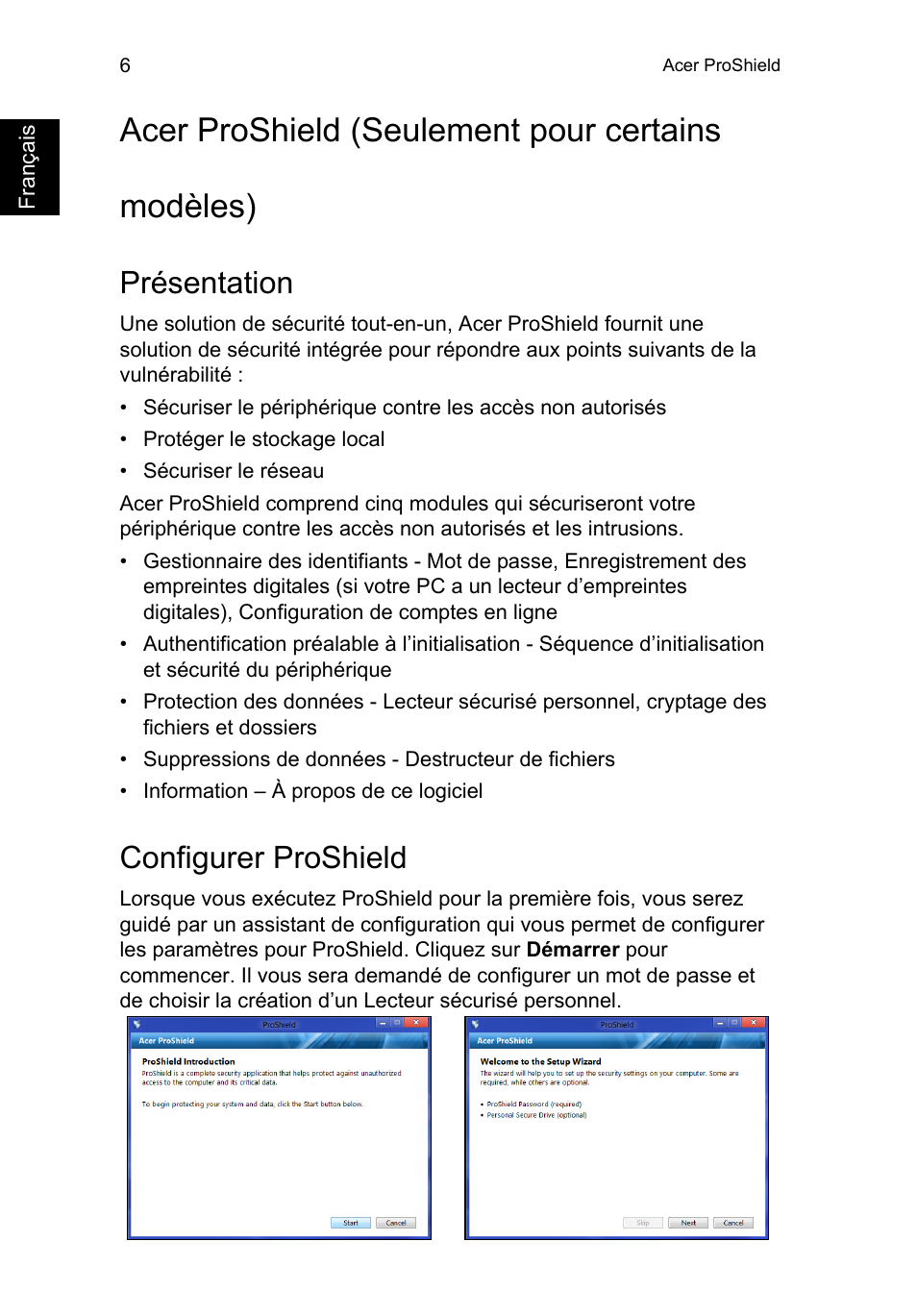 Acer proshield, Présentation, Configurer proshield | Acer proshield (seulement pour certains modèles) | Acer TravelMate P253-MG User Manual | Page 114 / 2736